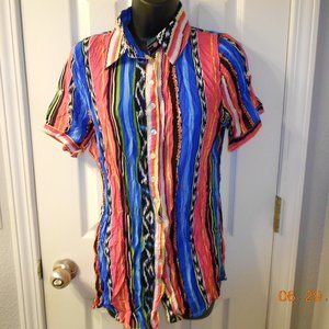 Ceres Tribal Strip Button down shirt Pink Blue HOT